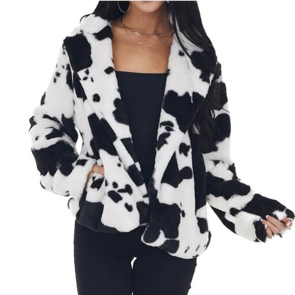 Bibi Boutique Cow Print Faux Fur Jacket Western Cozy Plush Layering Statement - Picture 5 of 11